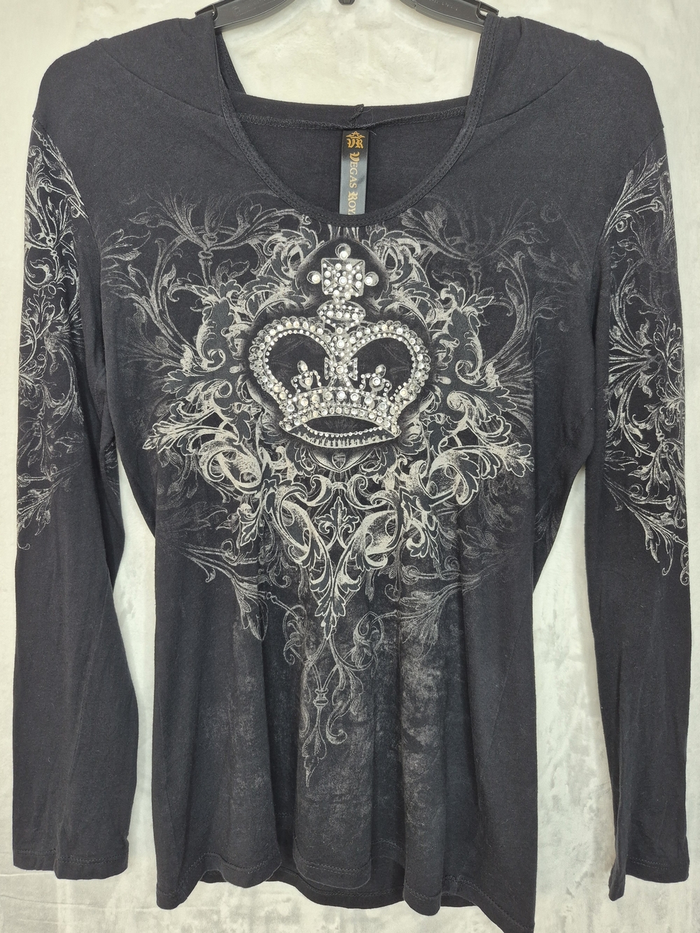 Vegas Royalty Y2K Rhinestone Crown Graphic Hooded Top  Medium